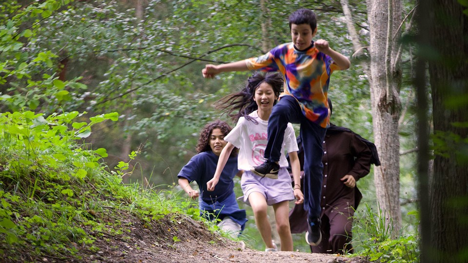 Barn som leker i en skog.
